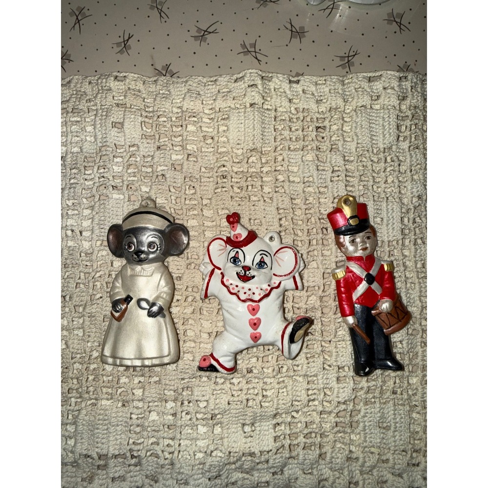 Vintage Ceramic Christmas Ornament Set Mouse Nurse Clown Elephant‎ Toy Soldier